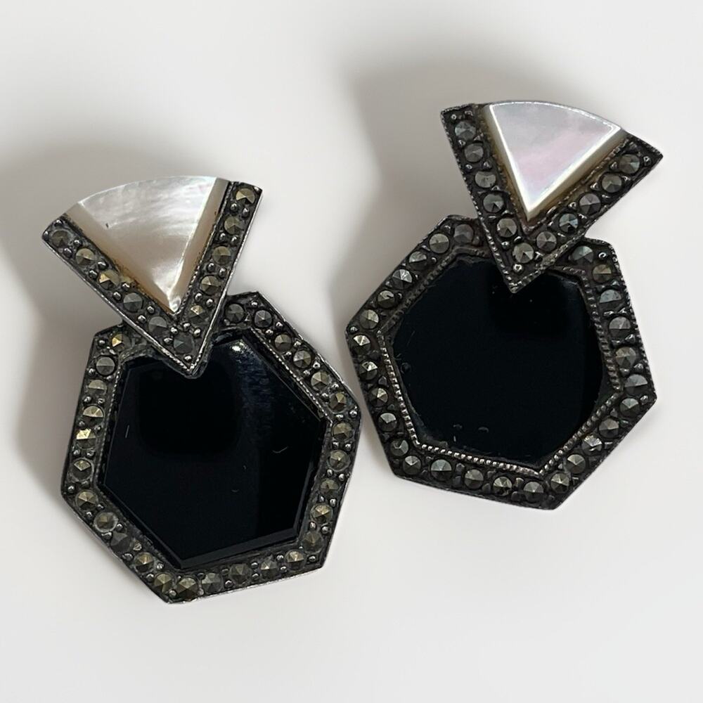 Vintage Marcasite Earrings Signed MC Marsala Art Deco Sterling 925 NO BACKS